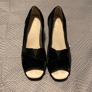 Black velvet peep toe wedges